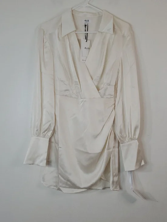 NWT Avra Agata Satin Faux Wrap Mini Dress Size XS Off White Feminine Wedding - Picture 2 of 16